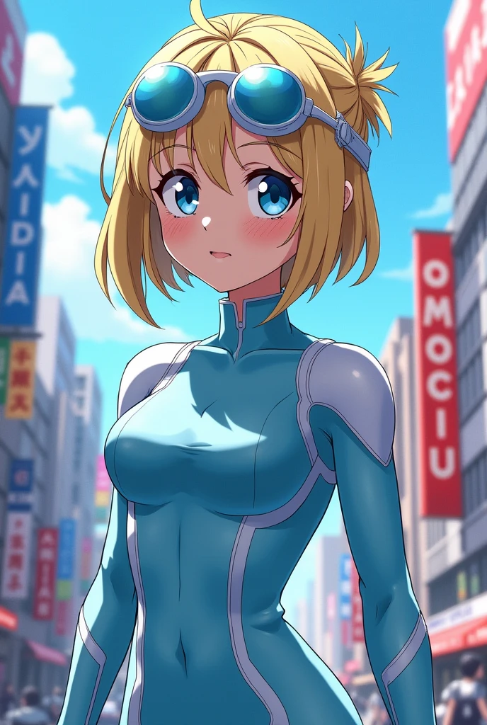 (My Hero Academia) women, blonde with her hair tied in a ponytail, with medium short hair, with fringe, in a hero suit like Uraraka's but in pastel blue and without the helmet with white details and sunglasses like goggles on his head. light blue eyes, almost gray, beautiful. skinniest