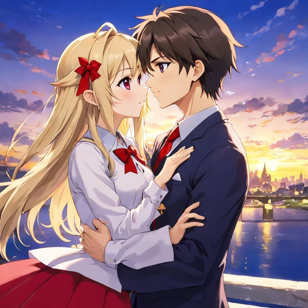 (1girl,1guy:1.5), (guy with18 years old:1.5), (girl with 25 years old:1.5), (masterpiece:1.3), (beautiful detailed lights:1), (beautiful detailed face:1.4), (cinematic light:1.2), ultra detailed,(guy: (disheveled hair:1), black_short_hair, (emotionless:0.5), brown eyes, male, thin like shinji from Evangelion, (white skin:1.3), Japanese male school uniform , (Red tie, elegant navy blue uniform:1.5),(girl: short, big red eyes but not too much with a loving look, medium elf ears and in her left ear a ruby-colored earring, long hair with a black bow on the side of her hair, blondie hair, super tiny tits, leotardo white dress, and a black and red skirt (girl: white skin:1.3)),(guy kissing girl passionately, tounge kiss, their kiss is in sequence), (frills:1.3), ( Nagoya City background:1.3), (manga with short panels)