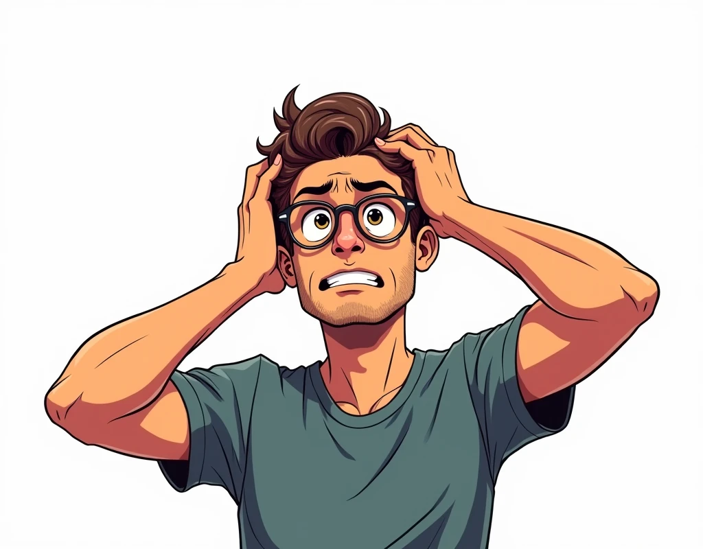 on a white background, place in the form of a drawing, fanart style, to a 32-year-old man, head on, grabbing his head in confusion, With glasses if you wear them but you will not carry additional items