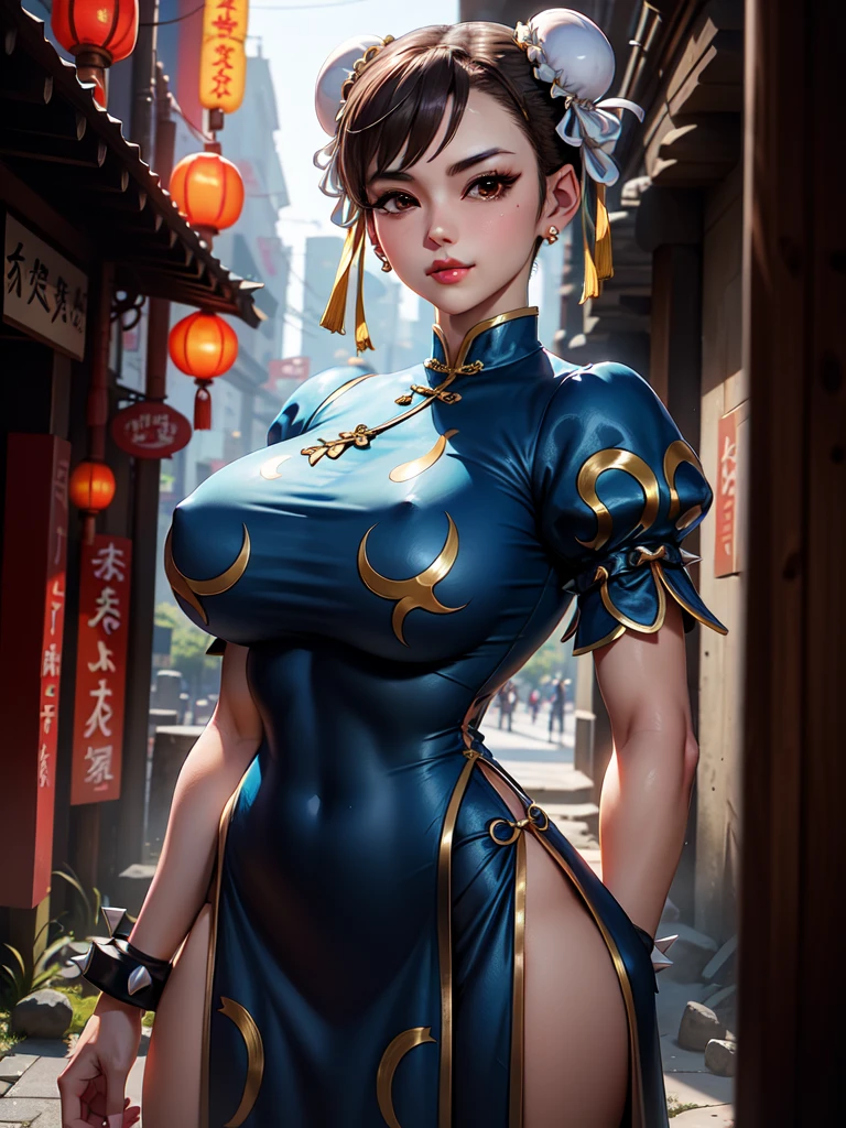 Chun Li,(black hair two braided) , brown eyes,
chinese clothing, spiked bracelet, earrings ,( chinese blue dress :1.4)
standing, Upper part of the body, smile, wad of bills, (pantimedias negra nylons ),
Chinatown, evening ,
(Incredibly detailed, beautiful face detallado, beautiful detailed eyes, masterpiece, Best Quality),Alone, ,(Ruined dungeon ruins background:1.4 ), (masterpiece: 1.4), (8k, realist, raw photo, La Best Quality: 1.4),(Chun Li:1.4), (Chu Li V2.1), (dynamic pose), (Alone),( alley background big stones Tokyo :1.4),( not mutations), (Face details: 1.5, (Beautiful brown eyes:1.4) , beautiful face, pretty eyes, iris coating, thin lips: 1.5, delgado, pale and sharp eyebrows, long, dark eyelashes, double eyelashes), (bright colors), cayendo lluvia nublado evening,