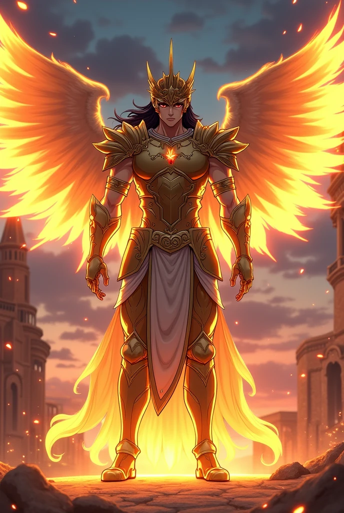 Here is the script and characters for you to create the images and scenarios of the Anime: "Guardian of the Gods" create Aurelius first, knight of the zodiac style image, celestial metal armor,, Bblack hair, Eyes red, golden armor with white details, armor must refer to Roman philosophy and animals from the book of Revelation, armor of one created by a good god and creator of all things, It must also be linked to the character's personality and attack power., head armor that resembles the emperor, wings, leg armor, without cover, red stones, scenery around the moment of summoning the armor Season 1: The Guardians Awaken Episodes: 15 Episode 1: "The Flame of Destiny"
•Scenario: City of Etrusca • Introduction of the main characters:
◦ Aurelius: Young warrior of humble origins.
◦ Titus: Aurelius' childhood companion.
◦ Cassius: Strategist and childhood friend of Aurelius.
◦ Marcus: Healer and friend of the group.
◦ Gaius: Warrior from a neighboring village, strong and protective.
Episode 2: "The Unknown God"
•Scenario: Ruined temple on the outskirts of Etrusca.
• Plot: Encounter with a mysterious messenger who grants Aurelius a shining suit of armor. Aurelius discovers his special power: Heavenly Flame Strike.
Episodes 3-4: "The First Battle"
•Scenario: City of Vesta, attacked by soldiers of the god Mars.
• Plot: Aurelius and his friends defend the city, discovering the powers and armor they received.
Episodes 5-6: "The Sacred Mission"
•Scenario: Roman roads and villas.
• Plot: The heroes begin their journey to discover the identity of the unknown god.. Introduction of the season's antagonist: Marte, God of War.
Episodes 7-8: "The Guardian of Justice"
•Scenario: City of Rome.
• Plot: Intense fights against Martian soldiers. Discovery of the first evolution of Aurelius' armor.
Episodes 9-10: "O T