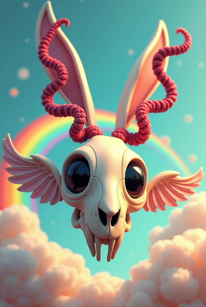 Rabbit skull with horns and wings in cartoon style