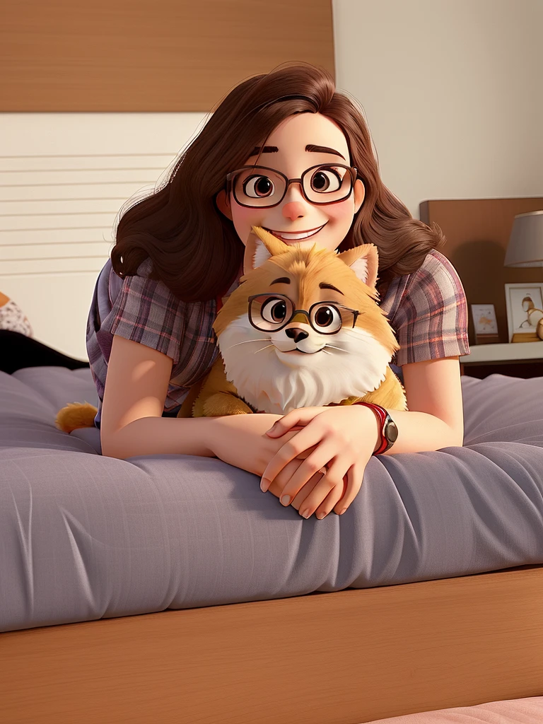 A smiling woman with glasses lying face down on the bed, with her cute furry dog ​​in her arms. I want everything 100% similar to the original photo and in good quality, please