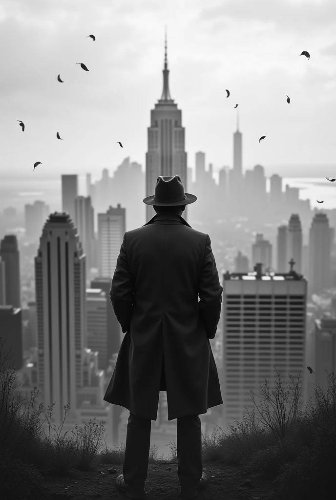 Draw sad wallpaper with a man in which there is a black and white city in the background