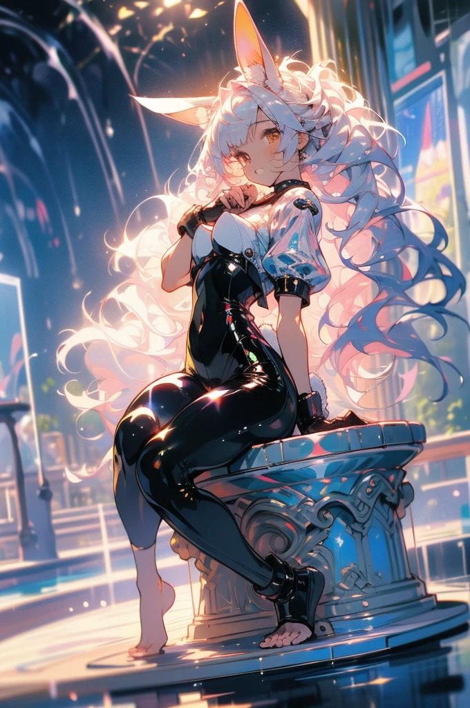 ((masterpiece,best quality)),1girl, solo, fit body, animal ears, rabbit, barefoot, sitting comfortably, leather pants, leather crop top, sitting, rabbit ears, short sleeves, looking at viewer, stone brick floor, large mansion in the background, long white hair, light smile, white hair, puffy sleeves, outdoors, puffy short sleeves, bangs, on the rim of a beautiful water fountain, full body, animal, white dress, sunlight, brown eyes, dappled moonlight, night, depth of field