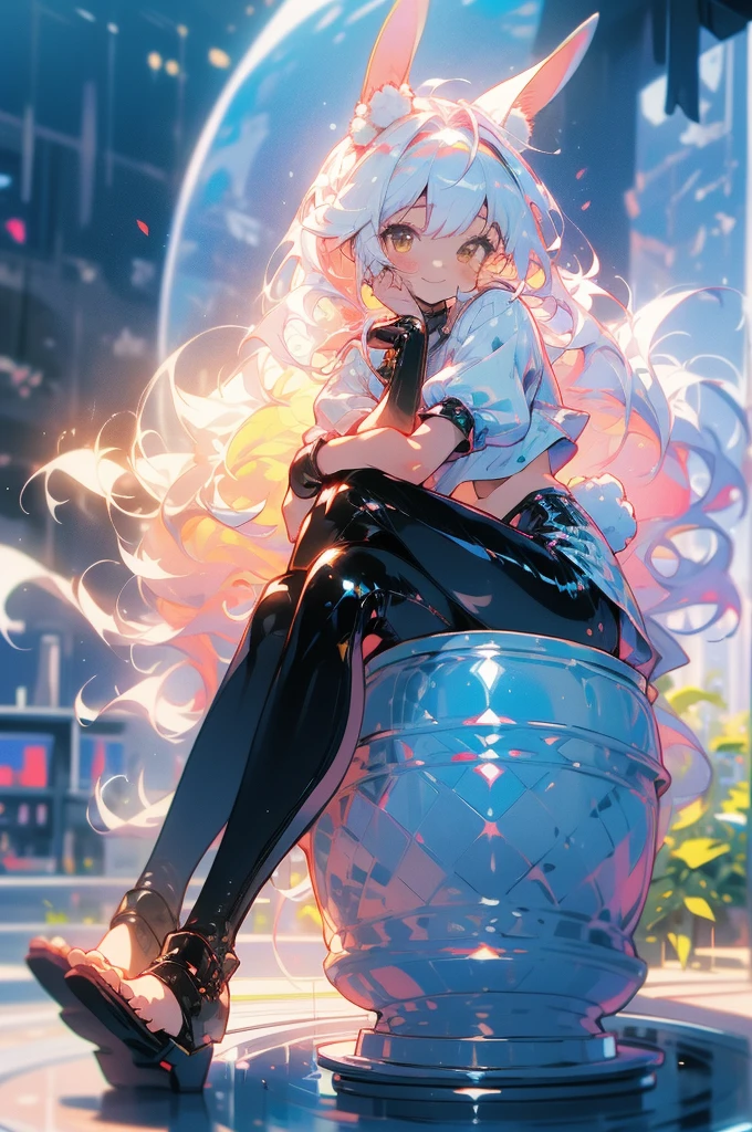 ((masterpiece,best quality)),1girl, solo, fit body, animal ears, rabbit, barefoot, sitting comfortably, leather pants, leather crop top, sitting, rabbit ears, short sleeves, looking at viewer, stone brick floor, large mansion in the background, long white hair, light smile, white hair, puffy sleeves, outdoors, puffy short sleeves, bangs, on the rim of a beautiful water fountain, full body, animal, white dress, sunlight, brown eyes, dappled moonlight, night, depth of field
