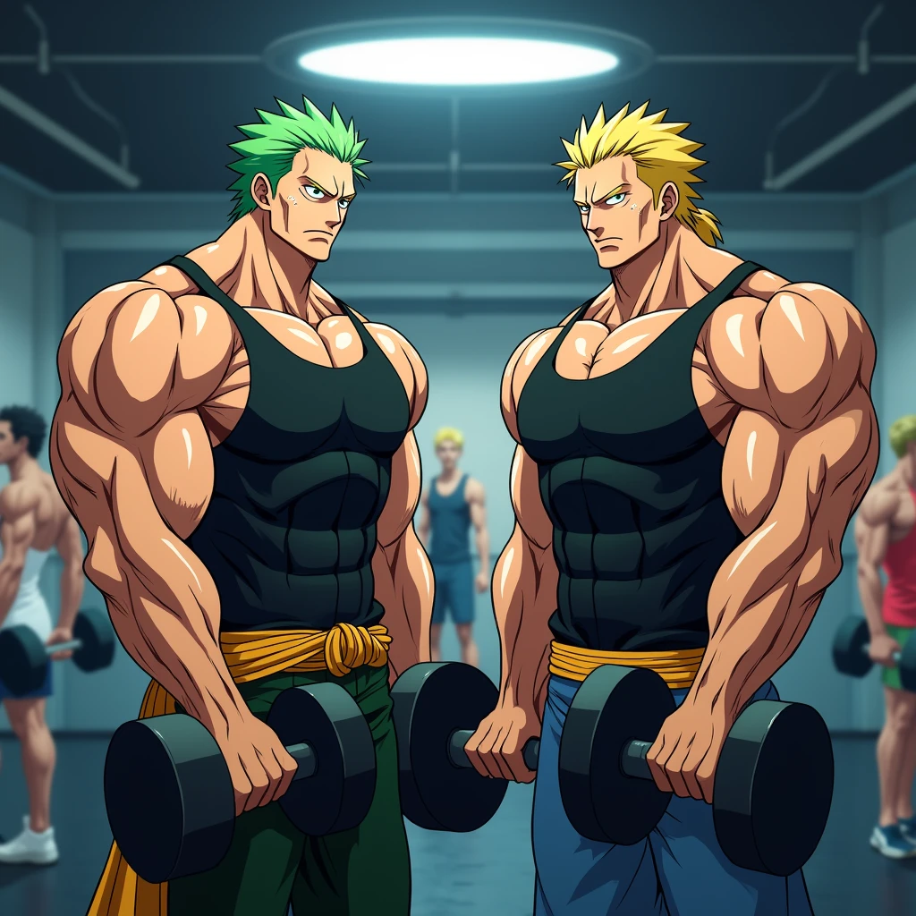 Roronoa Zoro and Sanji from One Piece in a gym working out with dumbbells as they are hypnotized to be big dumb lumbering meathead bodybuilder jocks and assimilate with the rest of the people in the gym as they stare blankly with open mouths and dimwitted expressions repeating hypnotic mantras to fall deeper into trance and be more and more like jocks. Anime. Animated. Bro. Hypnosis. Hypno. Hyper muscles. Hyper traps. Hyper biceps. Hyper triceps. Hyper lats. Broad shoulders. Hyper meaty thick giant pecs. Hyper bulging crotch. Hyper round glutes. Hyper deltoids. Repeating mantras dully in trance as they grow and assimilate to become massive muscled bodybuilder gym bros. "Pump one. Pump two. Pumping is what dumb jocks do. Pump three. Pump four. Brains and smarts kicked out the door. Pump five. Pump six. Meat fills our heads and bulging dicks. Pump seven. Pump eight. Grow big and dumb. Assimilate. Pump nine. Pump ten. Forget it all and start again...." Brainwash. Brainwashing. Conditioning. musclehead. Meathead. Dumb bodybuilder jock assimilation. Gym rat. Gym culture. Hypnotic reinforcement. Hypnotic trance. Entranced. Bro talk.