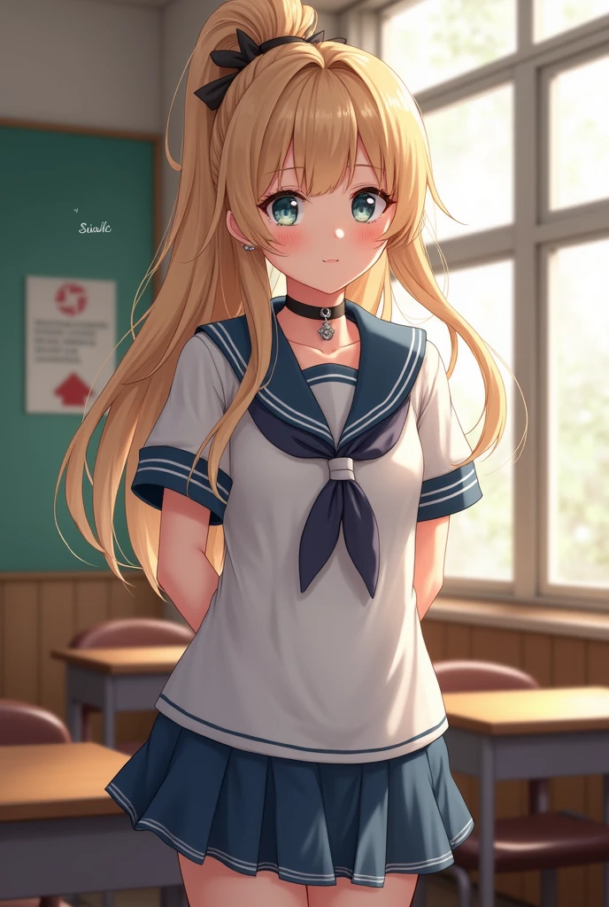 (masterpiece, best quality:1.2),((Sailor suit:1.4)),classroom、(short skirt),Eyes are very delicate,beautiful girl,long hair,((best quality)), ((intricate details)), ((Surrealism))(8k)、blonde、blush、Small face、ponytail、pantyhose、choker、Korean Idols、Earrings、((human-onahole:1.5))、((legsless, armsless:1.2))、(Panties)、(rope bondage:1.4)、(Hanging from the ceiling by a rope)、pubic hair、(Dildo:1.3)、During pregnancy