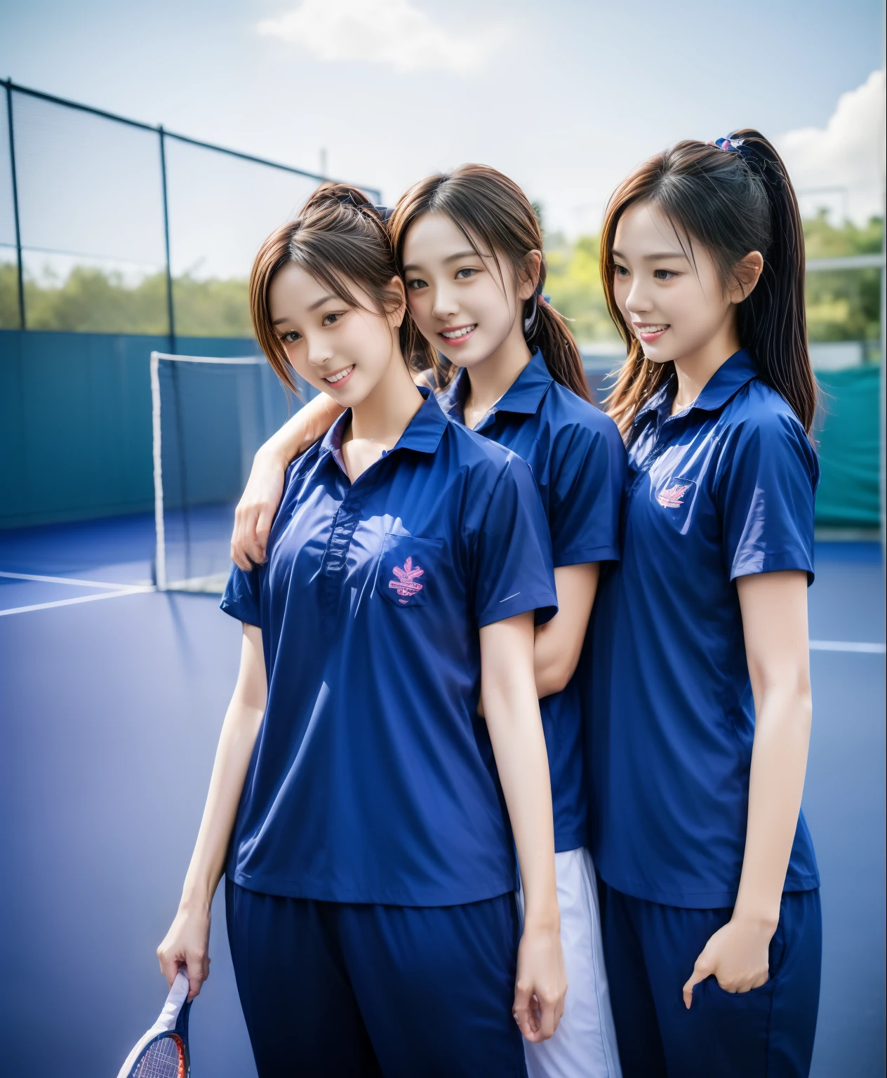 3 girls play tennis at tennis courts, Navy blue short-sleeved shirt,Navy Long Trackpant,Sweatpants, Sweatpantsขายาว,25 year old girl, lesbian, sexy, exercise clothes, wet body, exercise clothes