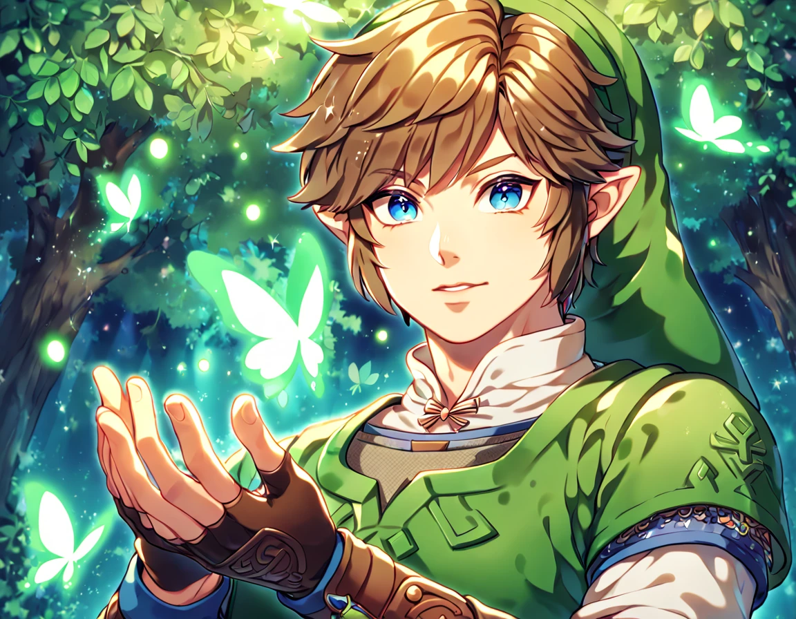 absurdres, highres, ultra detailed, HDR, master piece, best quality, extremely detailed, Link, brown hair, expressive blue eyes, The Legend Of Zelda Skyward Sword, solo, sexy man, sensual, handsome, green tunic, green hat, brown gauntlets, under a green tree, fantasy, magical, glittering fireflies, green butterflies, green flames, glass magic, green leaves