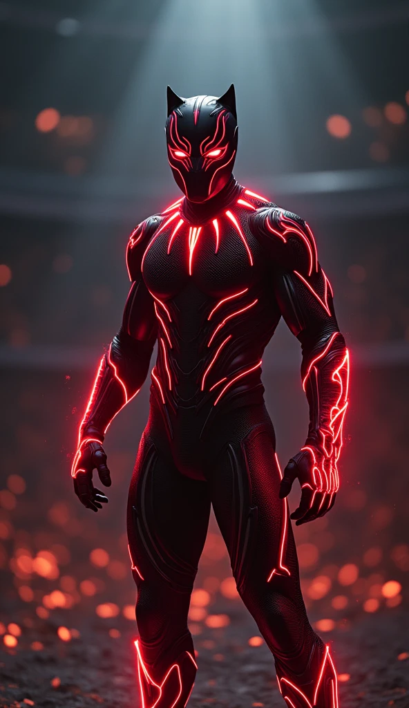 Black Panther, reimagined as Jin Kazama, stands in a dimly lit arena, his vibranium suit infused with the fiery energy of the Devil Gene. The sleek black armor now features glowing red lines that pulse with power, reminiscent of Jin's markings. His mask, though still feline, has a fierce, determined expression, with sharp eyes that reflect both the calm of a king and the inner turmoil of a fighter. The Panther's claws are extended, crackling with energy, ready to strike. The scene is charged with intensity, capturing the fusion of T'Challa's regal poise and Jin's relentless battle spirit—a warrior torn between honor and the darkness within.
