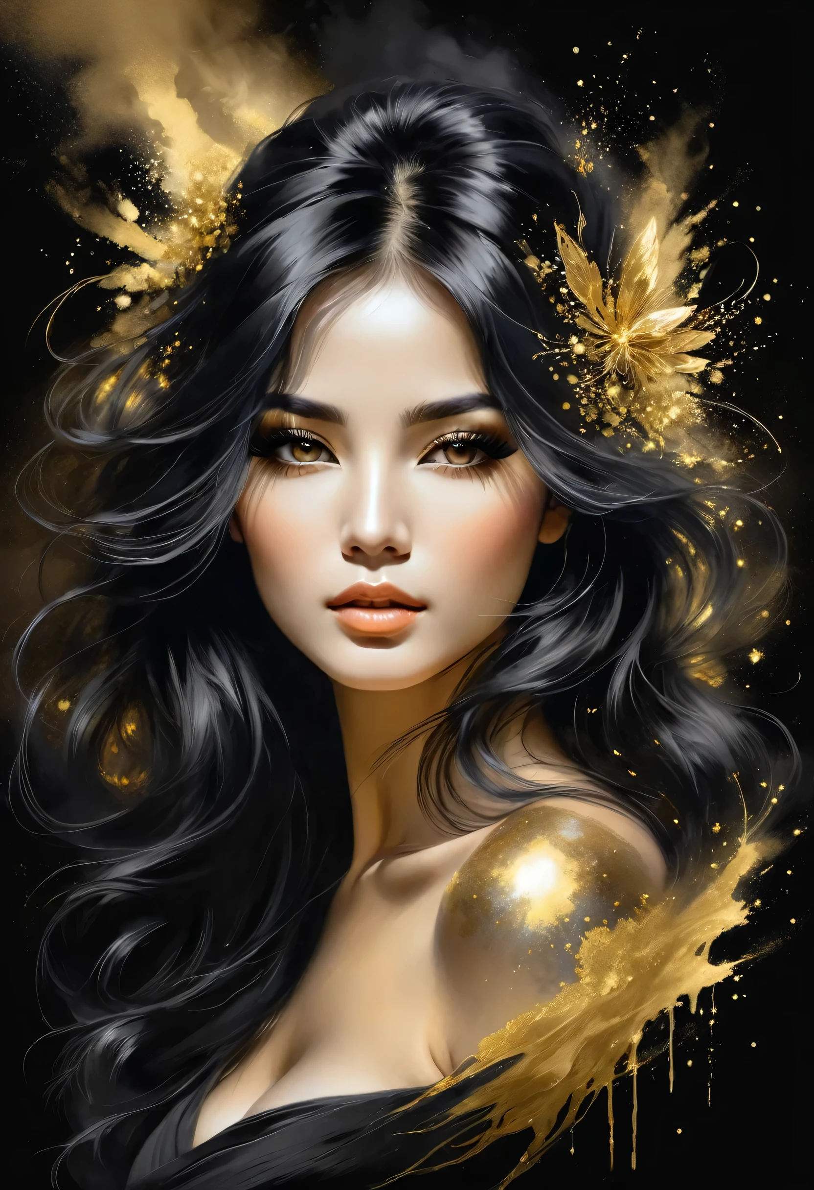 Gorgeous and hot female charcoal face drawing, A fascinating sight.long black hair,Long eyelashes. Pino Daeni style. Gold patterns, gold and black spirit, liquid gold explosion, magic of golden smoke, golden dust, Golden Milky Way, Black background, Magic Mist,small golden moths. alcohol ink,