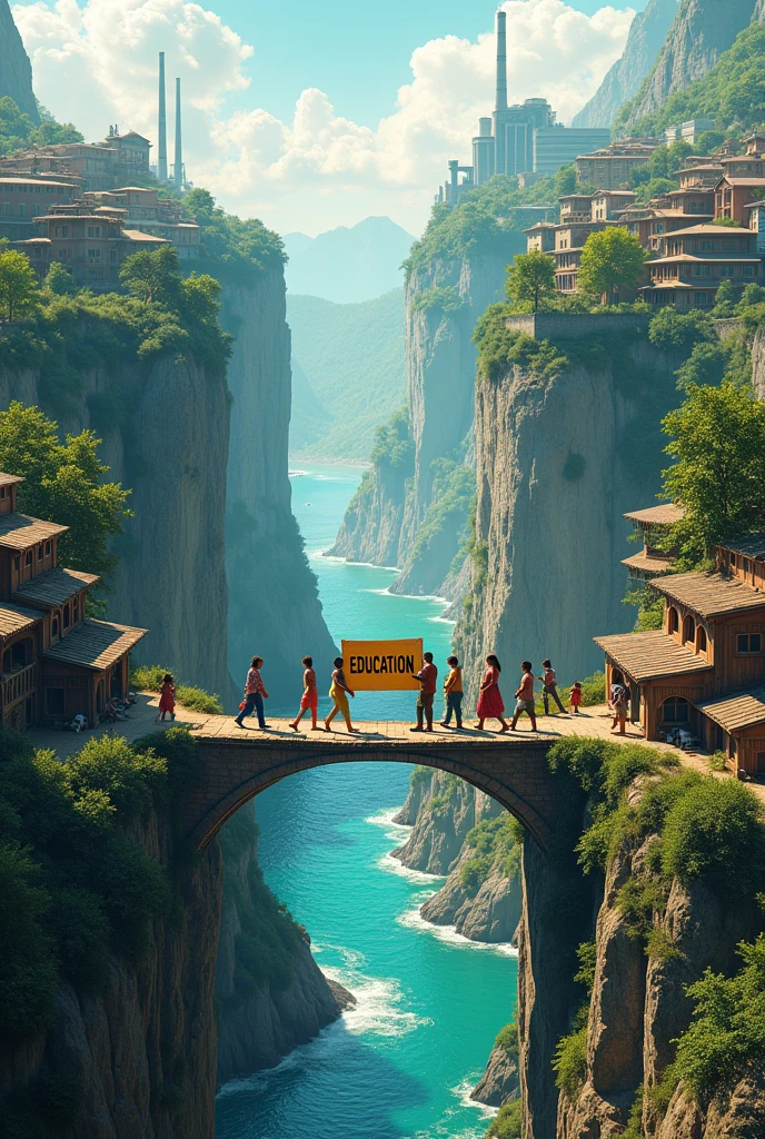 An image that has two cliffs, one on the left showing buildings, Houses, factories, nature, rich people, well-being and progress. En El otro risco que debe estar a la derecha deben mostrarse Houses pobres, a pregnant woman with children around, A river and a bridge in the middle of both with women and men crossing it and carrying a sign that says education