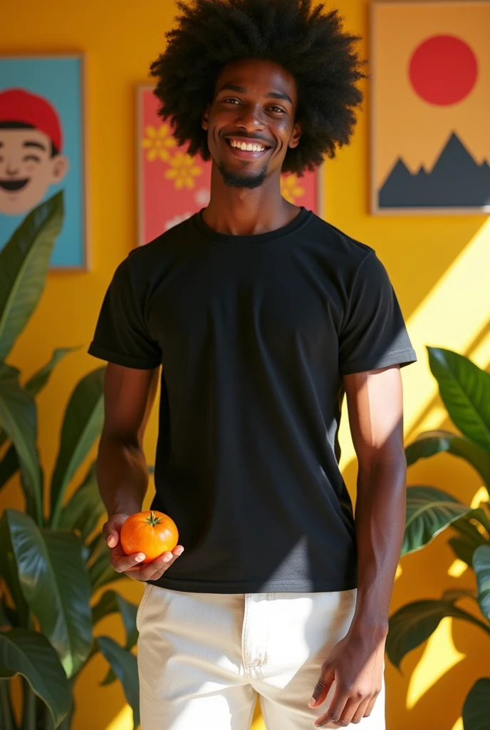 A 19 year old black man in one room with an afro. He is one meter 76 tall and weighs 45 kilos. He has a black t-shirt tightened to his abs and arms. And his t-shirt has short sleeves. At the bottom, he wears slightly wide and white jogging pants. And on his feet, he wears Nike slides. He has brown eyes, black hair, he has the Toshi Toshi no mi fruit. He is smiling and his name is Kozuki Sujiro