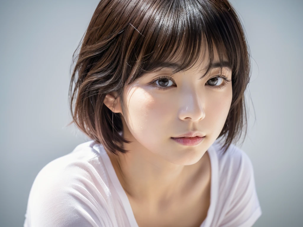 ultra high res, RAW photo, 1 Japanese cute women in her 20s photos, upper body, Take a photo from the front, Portrait, surface focus, (light blush), white T-shirt, bright natural light shines softly on the white wall background, photon mapping, Physically based rendering, fluffy bob hair, blunt bangs, Handsome, girly, slightly baby face, (Looks like Sasaki Nozomi's face:1.1), a slight distance between her eyes and eyebrows for an ennui look, Rich details