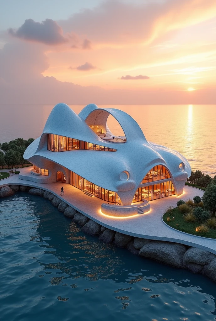 Create a blueprint for a miniature building that uses all conic sections、The futuristic coastal exterior、Create front left and right views of the building。Make it complicated。
