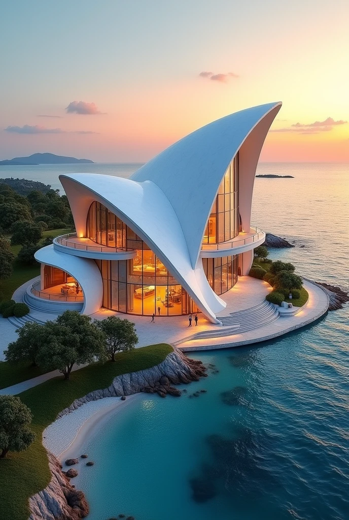 Create a blueprint for a miniature building that uses all conic sections、The futuristic coastal exterior、Create front left and right views of the building。Make it complicated。