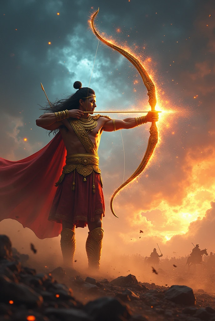 “A highly realistic and cinematic digital artwork of Arjuna from the Mahabharata, depicted in the heat of battle on the cosmic battlefield of Kurukshetra. Arjuna is seen aiming his divine arrow with unwavering focus, his muscular arms pulling back the glowing string of his legendary Gandiva bow. His eyes are sharp, filled with determination and a deep sense of duty. He is adorned in shining golden armor that reflects the light of the surrounding cosmic energy. The battlefield around him is vast and otherworldly, with cosmic elements like swirling galaxies, stars, and nebulae blending into the horizon, symbolizing the epic scale of the battle. Arjuna’s feet are firmly planted on the ground, with dust and energy swirling around him, emphasizing the intensity of the moment. The sky above is dark with stormy clouds, but beams of divine light break through, illuminating Arjuna as he prepares to release his arrow. In the background, you can see faint outlines of chariots, warriors, and celestial beings, adding to the grandeur of the scene.”