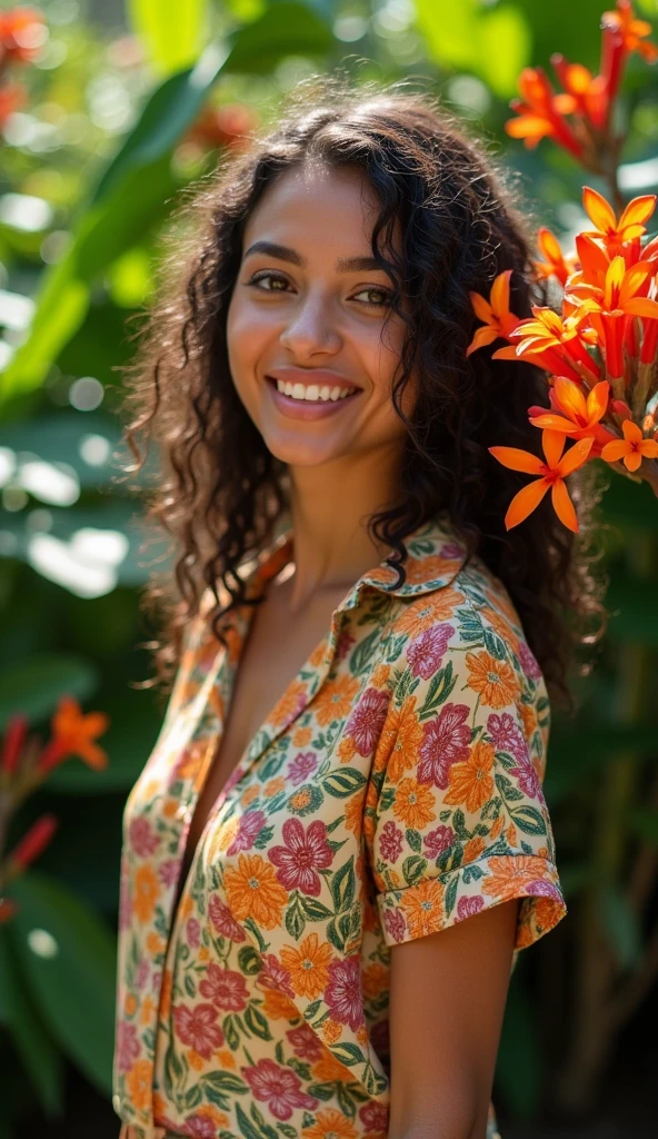 A Brazilian woman in a lush tropical garden, wearing an open shirt with a floral print, with a close-up capturing the harmonious beauty between her breasts and the natural flowers, showing off your natural charm and outgoing personality.