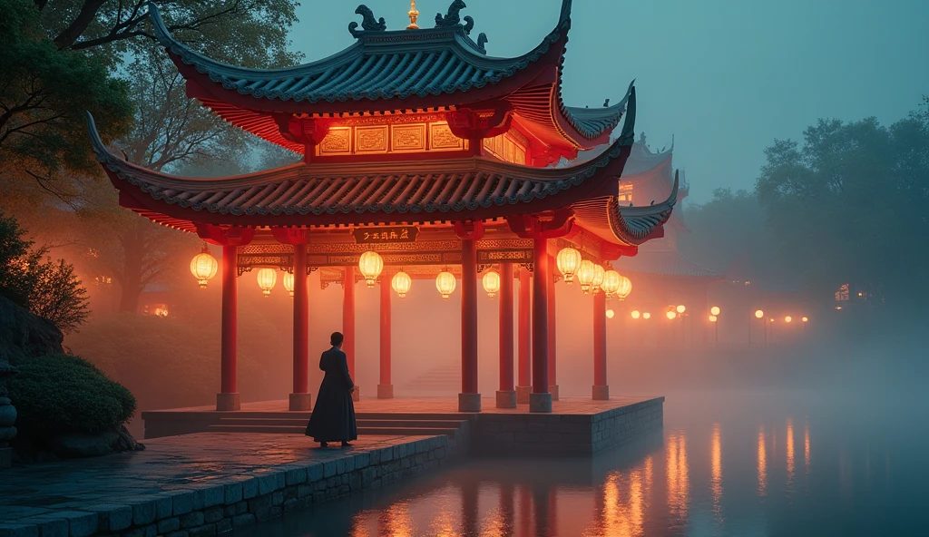 Chinese KING pavilion, at night scene , horizontal, one people walking blur effect

