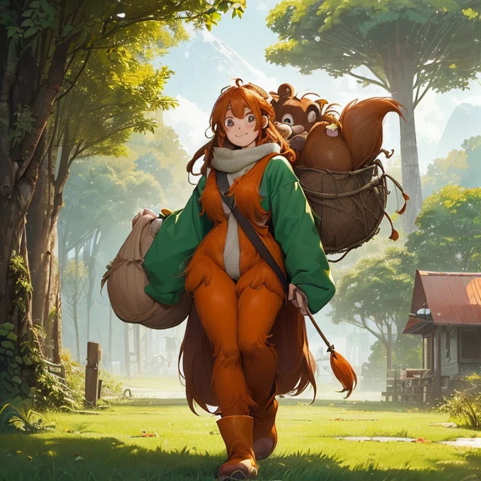 (High Resolution, HD, High Quality, Super Detailed, High Details, Masterpiece, Anime, Anime Style, Character Design, high fantasy, slice of life, animal characteristics, real animal, animal)
{{100 years old female adult orangutan farmer:(((red true orangutan eyes), (female true orangutan head), (true orangutan face), orangutan nose, orangutan closed open smile mouth, orangutan(grey)ears, orangutan neck, string female body covered in orange fur, orangutan big (greycolored)mouth, orangutan orange fur, orangutan long arms with orange hair, orange hairy human legs with orangutan feet and fingers),(((green tunic, green boots),(working at the farm, holding a huge bag with saphires, gentle smile, wise and worker deameanor))),(((green grass, hindu ecosystem, hindu farm, big trees far ahead, stone farmer house)))}}
