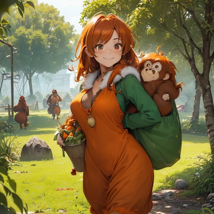 (High Resolution, HD, High Quality, Super Detailed, High Details, Masterpiece, Anime, Anime Style, Character Design, high fantasy, slice of life, animal characteristics, real animal, animal)
{{100 years old female adult orangutan farmer:(((red true orangutan eyes), (female true orangutan head), (true orangutan face), orangutan nose, orangutan closed open smile mouth, orangutan(grey)ears, orangutan neck, string female body covered in orange fur, orangutan big (greycolored)mouth, orangutan orange fur, orangutan long arms with orange hair, orange hairy human legs with orangutan feet and fingers),(((green tunic, green boots),(working at the farm, holding a huge bag with saphires, gentle smile, wise and worker deameanor))),(((green grass, hindu ecosystem, hindu farm, big trees far ahead, stone farmer house)))}}