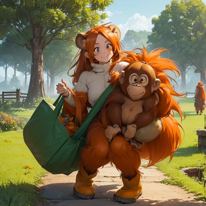 (High Resolution, HD, High Quality, Super Detailed, High Details, Masterpiece, Anime, Anime Style, Character Design, high fantasy, slice of life, animal characteristics, real animal, animal)
{{100 years old female adult orangutan farmer:(((red true orangutan eyes), (female true orangutan head), (true orangutan face), orangutan nose, orangutan closed open smile mouth, orangutan(grey)ears, orangutan neck, string female body covered in orange fur, orangutan big (greycolored)mouth, orangutan orange fur, orangutan long arms with orange hair, orange hairy human legs with orangutan feet and fingers),(((green tunic, green boots),(working at the farm, holding a huge bag with saphires, gentle smile, wise and worker deameanor))),(((green grass, hindu ecosystem, hindu farm, big trees far ahead, stone farmer house)))}}