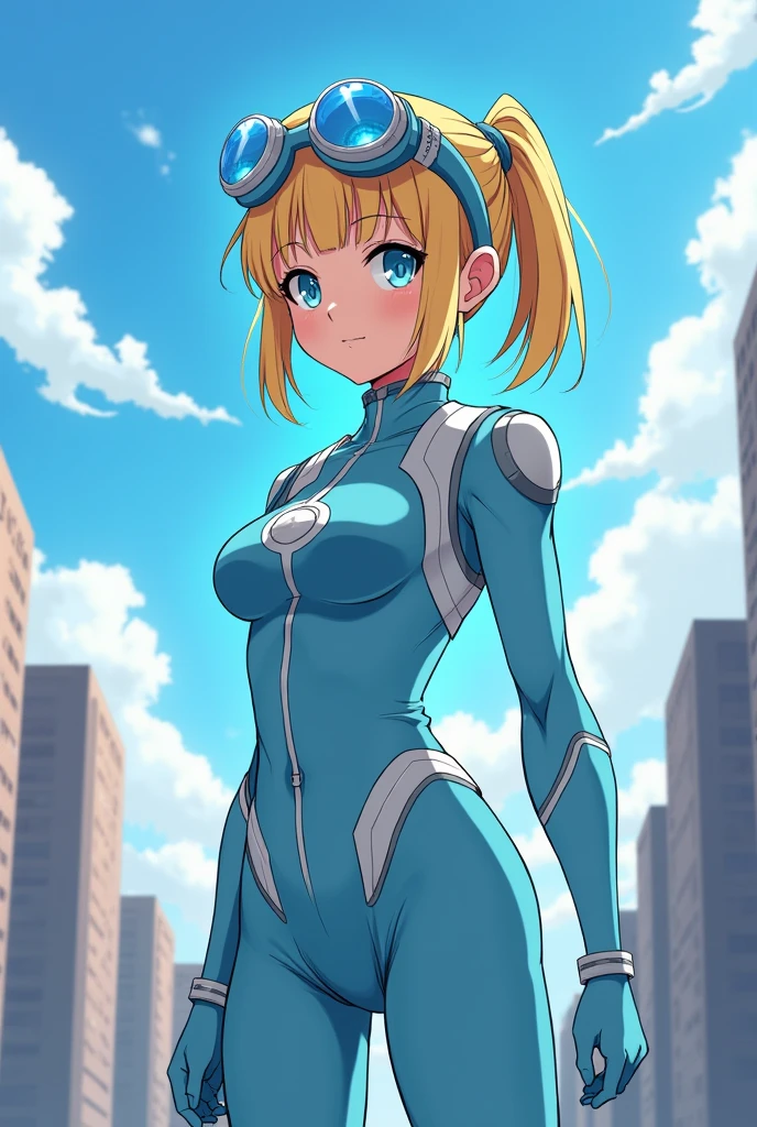 (My Hero Academia) women, blonde with her hair tied in a ponytail, with medium short hair, with fringe, in a hero suit like Uraraka's but in pastel blue and without the helmet with white details and sunglasses like goggles on his head. light blue eyes, almost gray, beautiful. skinniest