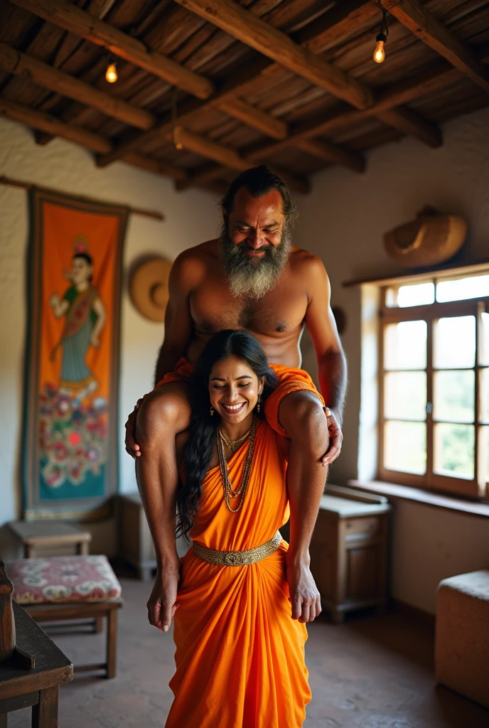 A smiling and beautiful fair indian woman with tied hair lifting and carrying a stout man on her shoulders, man is sitting on woman's shoulders, in a village room