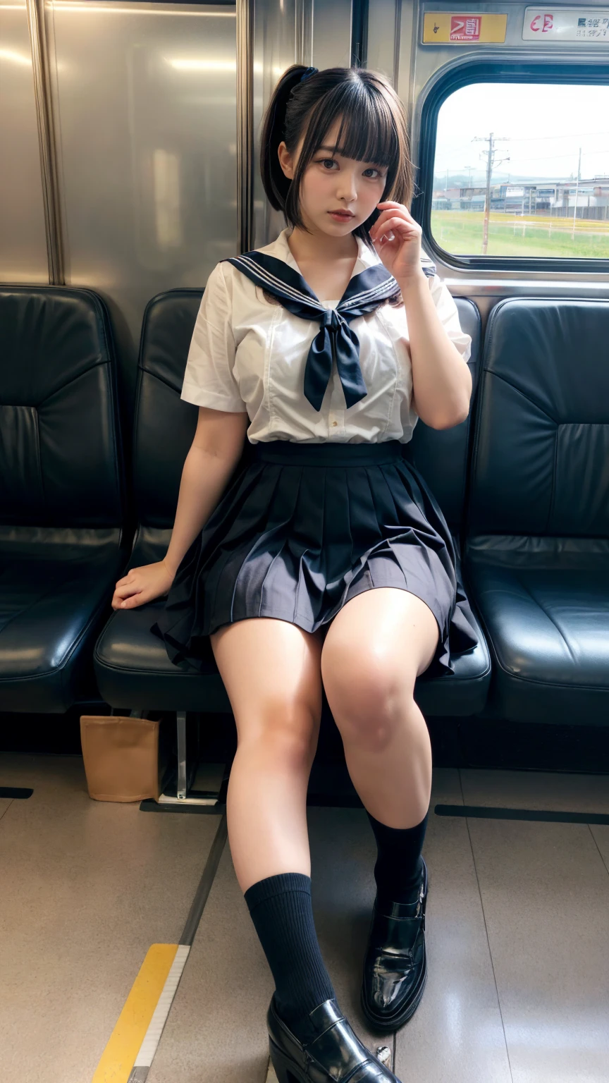 masterpiece, best quality, illustration, Super detailed, fine details, High resolution, 8K,wall paper, perfect dynamic composition,(Details High quality, realistic depiction of eyes:1.3), Black Sailor Uniform, serafuku, Navy pleated skirt, sitting, open legs, short bob hair, Sitting on a train in Tokyo, deep on field, large breasts, black hair color, Big Natural Color Lip, (perfect body shape), crying a little、Harajuku style、20 year old girl、cute type、beautiful legs, Gravure Idol