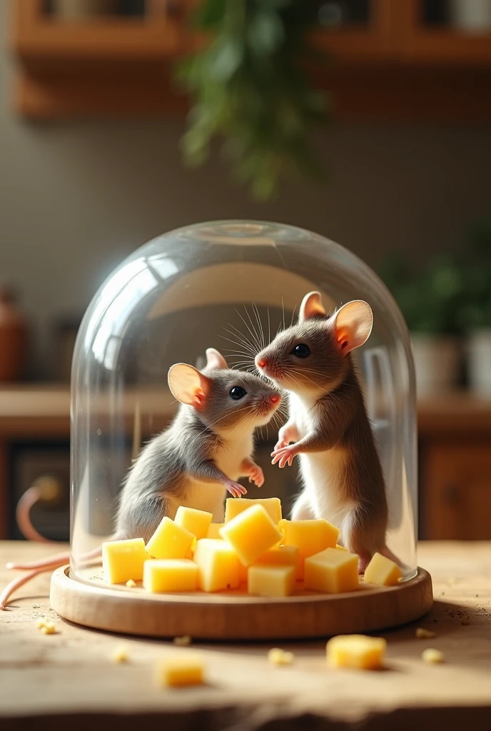 Generate image of two mice,In the middle,a glass chamber and teeth of it,Gruyere cheese pieces