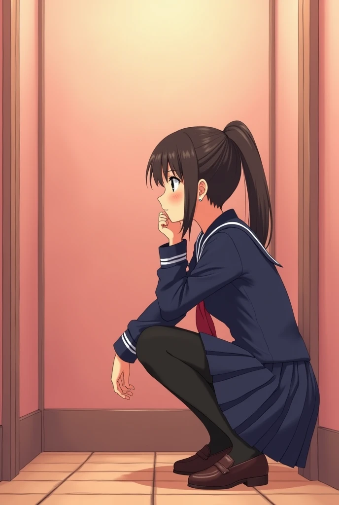 A junior high school student wearing a navy blue sailor uniform and loafers。
She has a baby face and a neat and clean look. Her hair is in a ponytail and she wears black tights.。
The person is squatting in a private room in the women&#39;s restroom, which has light pink walls.

