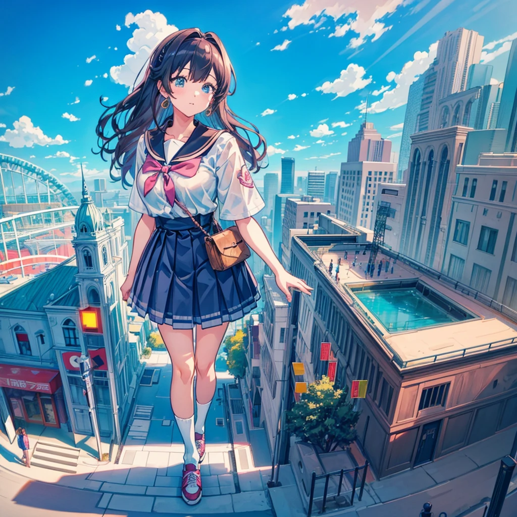 Perspective from above Giant girl
Masterpiece Unreal Engine Anime style Delicate picture 4K 90's Crowd ((Amusement park)) ((Giant high school girl standing at an amusement park)) Ferris wheel Roller coaster Crowd Skirt Big breasts Summer uniform Short sleeves School uniform Sneakers White socks Wristwatch Black hair Smile Blue sky Thundercloud Airplane Cloud Female Giant Giant Girl Full Body, Crowd Unreal Engine, Cleavage, Photo, Earrings, Long Hair, 1980s (Style) Cute Photo Beauty Analog Style Full Body Sneakers,