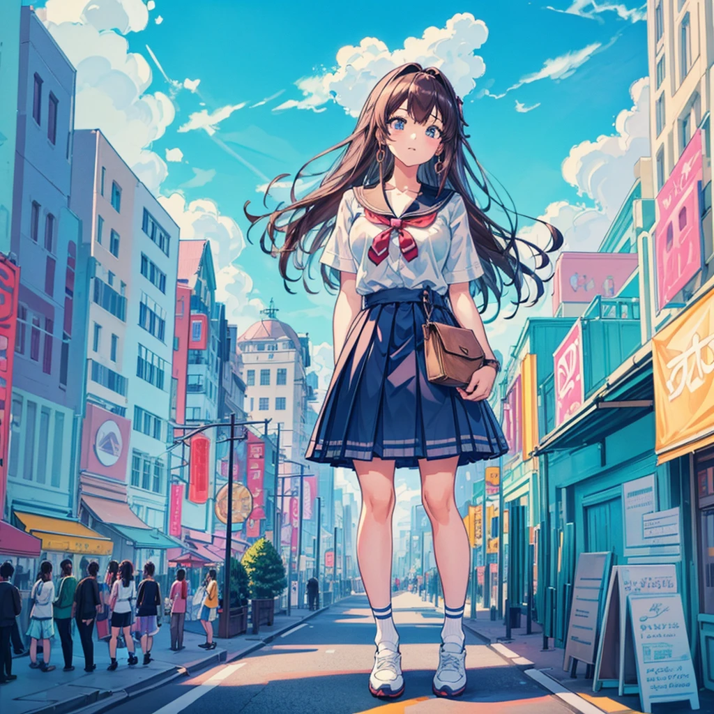 Perspective from above Giant girl
Masterpiece Unreal Engine Anime style Delicate picture 4K 90's Crowd ((Amusement park)) ((Giant high school girl standing at an amusement park)) Ferris wheel Roller coaster Crowd Skirt Big breasts Summer uniform Short sleeves School uniform Sneakers White socks Wristwatch Black hair Smile Blue sky Thundercloud Airplane Cloud Female Giant Giant Girl Full Body, Crowd Unreal Engine, Cleavage, Photo, Earrings, Long Hair, 1980s (Style) Cute Photo Beauty Analog Style Full Body Sneakers,