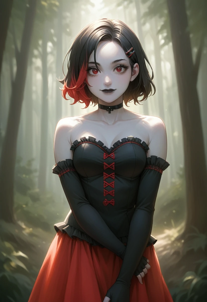 1girl, solo, red eyes, black hair, red hair, multicolored hair, two-tone hair, short hair, streaked hair, hairclip, hair ornament, black lips, makeup, colored skin, grey skin, skirt, black dress, strapless dress, frilled dress, red skirt, bare shoulders, detached sleeves, black gloves, elbow gloves, fingerless gloves, cross, black choker, smile,closed mouth,cowboy shot, forest,outdoor, (insanely detailed, beautiful detailed face, masterpiece, best quality) cinematic lighting
