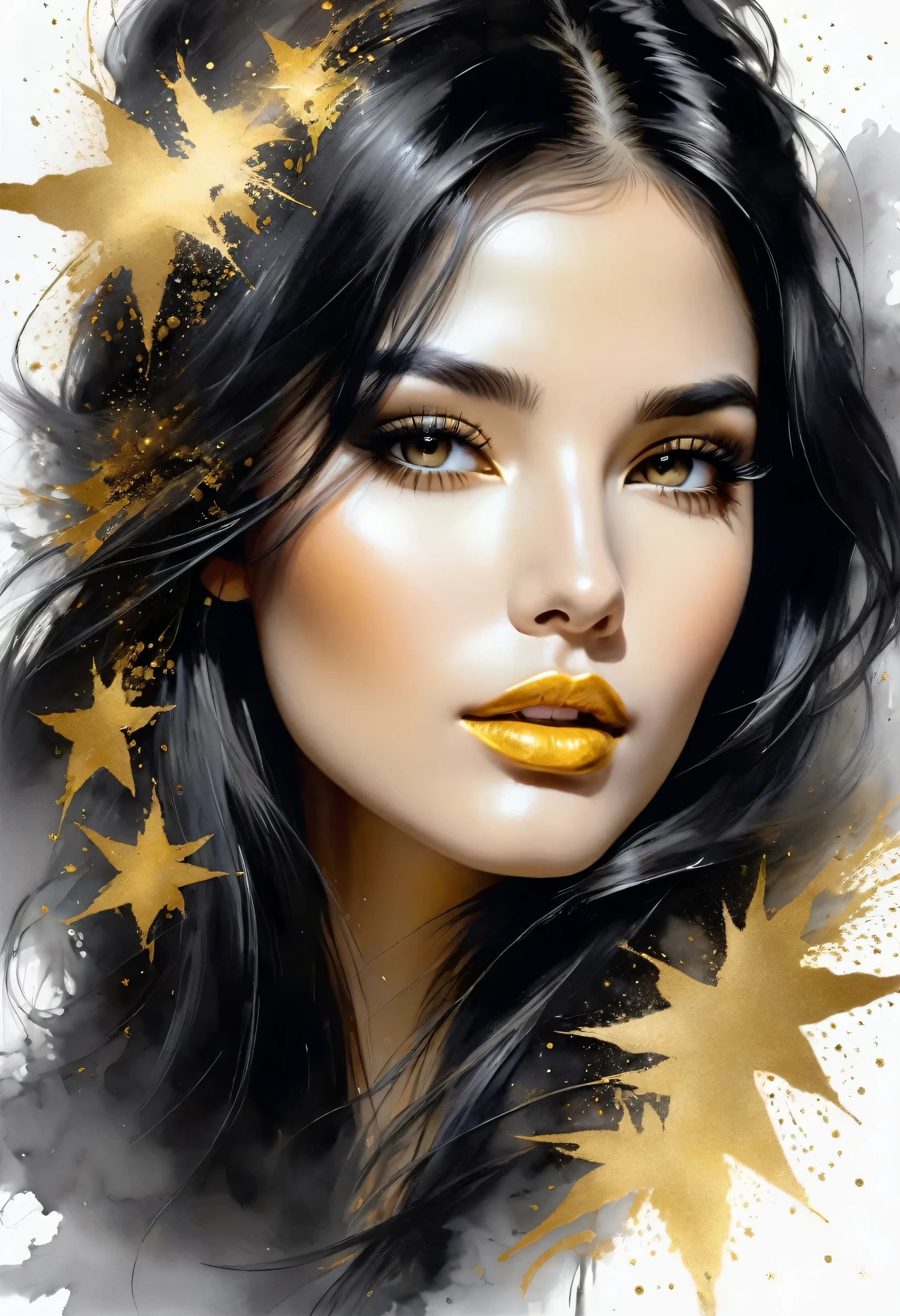 Gorgeous and hot Female face drawing with charcoal, long black hair, Pino Daeni style.
golden patterns, golden and black spirit, liquid gold explosion, golden smoke magic, star dust, golden milky way, black background, magic fog, alcohol ink,