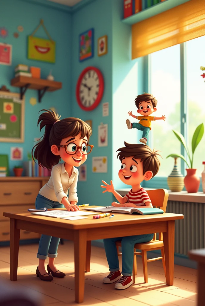 In cartoon The teacher is helping Daniel with his lesson. Daniel is sitting comfortably in his chair at the table.. Cristian was supposed to wait his turn. Instead he started standing on the table.. The annoyed teacher told him: “Don’t get on the table”. Cristian remained on the table.