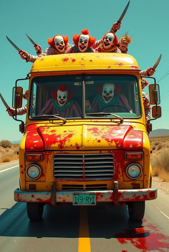 van is filled with insane, terrifying clowns, all psychopathic and covered in blood. Some of them are sticking their heads out of the van. The van is new but splattered with blood, angled slightly to the right as it drives, with one clown at the wheel, looking deranged. The other clowns are playing with knives, creating a horrifying scene that instills panic in anyone who sees it