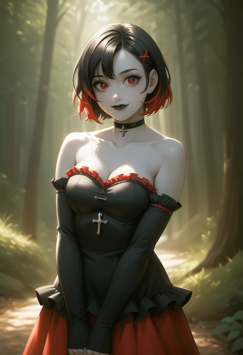 1girl, solo, red eyes, black hair, red hair, multicolored hair, two-tone hair, short hair, streaked hair, hairclip, hair ornament, black lips, makeup, colored skin, grey skin, skirt, black dress, strapless dress, frilled dress, red skirt, bare shoulders, detached sleeves, black gloves, elbow gloves, fingerless gloves, cross, black choker, smile,closed mouth,cowboy shot, forest,outdoor, (insanely detailed, beautiful detailed face, masterpiece, best quality) cinematic lighting
