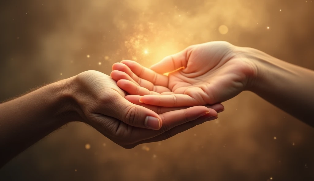 Two intertwined hands, one representing the past and the other the present, symbolizing connection and healing through transference.