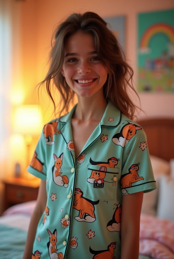 (realistic) a 19 years old girl wearing pajamas characters print full body