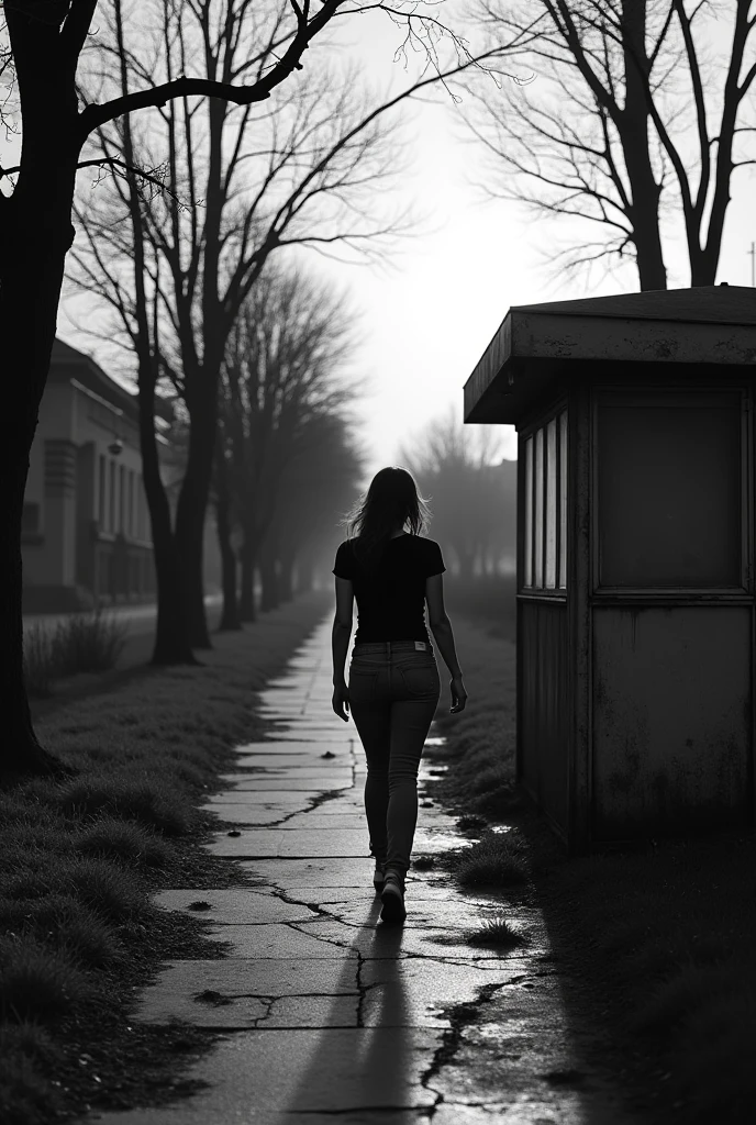 post-soviet city. a woman in jeans walks quickly along the sidewalk. twilight. trees, path, earth, grass, kiosk. black and white filter