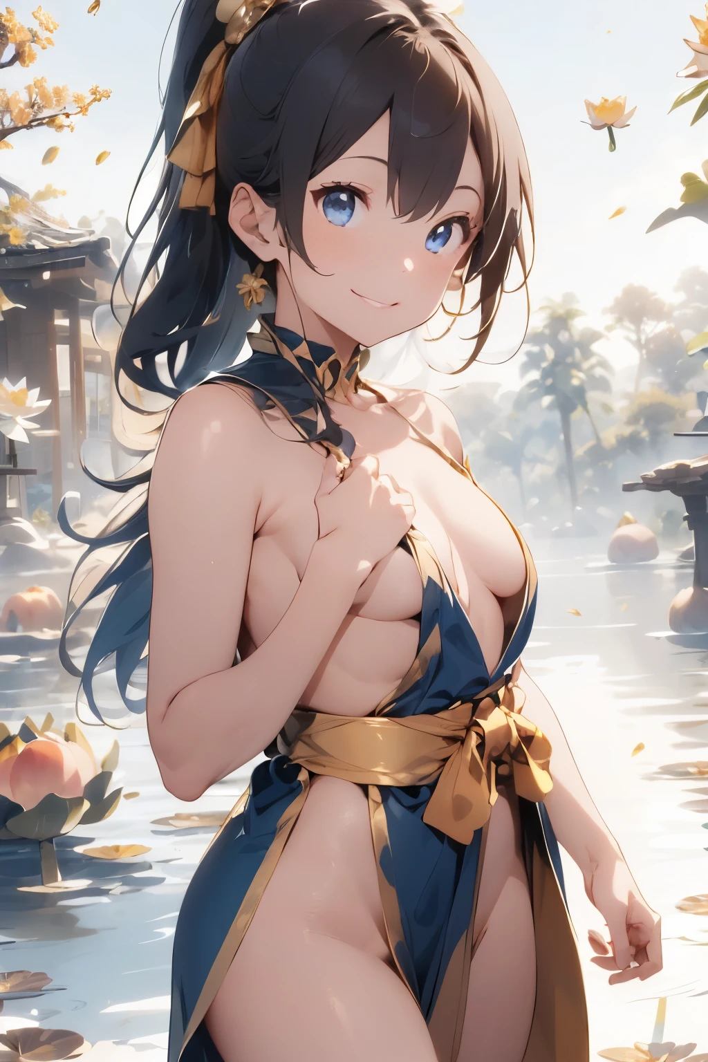 ((Top Quality)), ((Excellent)), (Details), ((Kisshōten)),((Lakṣmī)) ,((God who manifests happiness, beauty, and wealth)), nice hands, perfect hands ,Lakṣmī, Goddess,full body,Sunrise, Ultra-Realistic, Stunning Environment, Bright Colors, ,((Robe on half body)), shiny hair, a Girl ,((Blue Eyes)) , Black Hair, ((Gold Robe)), ((half-smile)),(high ponytail), ((Standing and Holding a golden peach in hand Kichijoten)) ,Twin bun hairstyle ,corolla,((upper body)),Flower hairpin,Golden Peach, Sunlight, ((naked)),Golden Peach ,((topless)), ((Halo)),((Lots of flowers)),((Lots of bubbles)),((Lakṣmī)), (Gold loincloth), ((naked)) ,((Kisshōten))((topless)), Robe on half body,Gold Robe, Gold loincloth, ((upper body)), ((Lakṣmī Standing on a lotus flower)),Halo,((corolla)), ((Standing on a lotus flower)), Standing,((Lots of bubbles)),((upper body)),Standing,Flower hairpin, shiny hair, Twin bun hairstyle, Golden Peach ,((Moderate Breasts)),(Gold Robe) , (half-smile), ultra realistic,((Gold loincloth)),Kisshōten,((naked)),Standing, best quality, blunt bangs, Lotus flower,