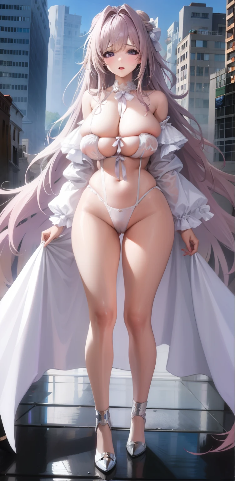 girl,Large Breasts,long hair,Topless,Bow,Blonde Hair, Purple Eyes, Cleavage,Large Breasts,whole body,NUDE