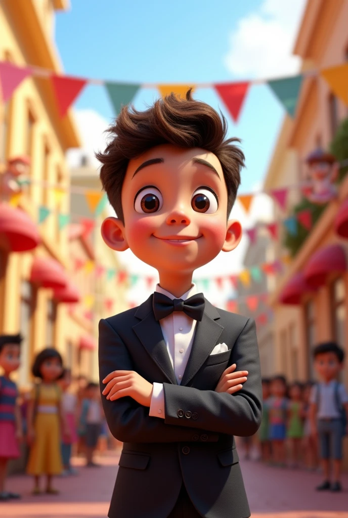 Young white boy with curly low-fade short hair. He has no beard and is dressed as a mayor. Pixar 3d style