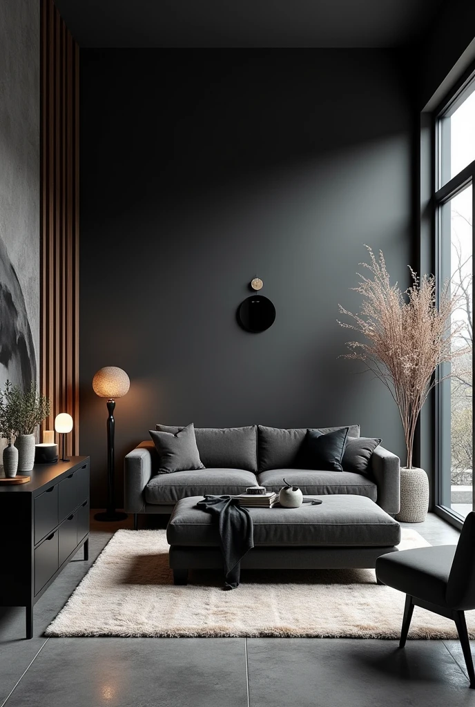 Chic room furniture is black and gray base window makes the room look brighter and the lights are on