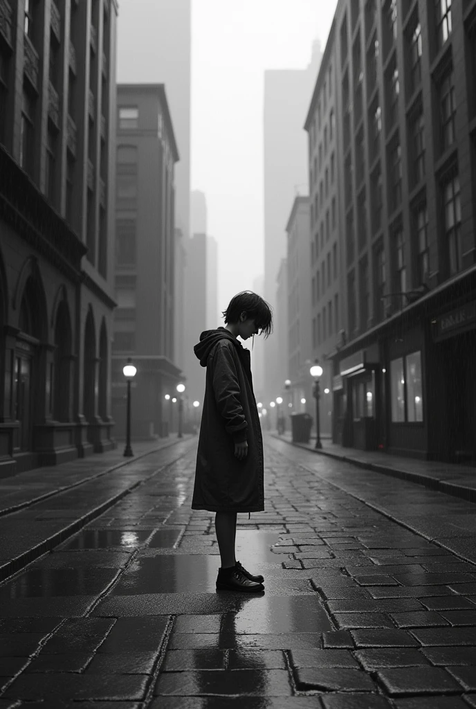 Draw a sad wallpaper with a person in a black and white city