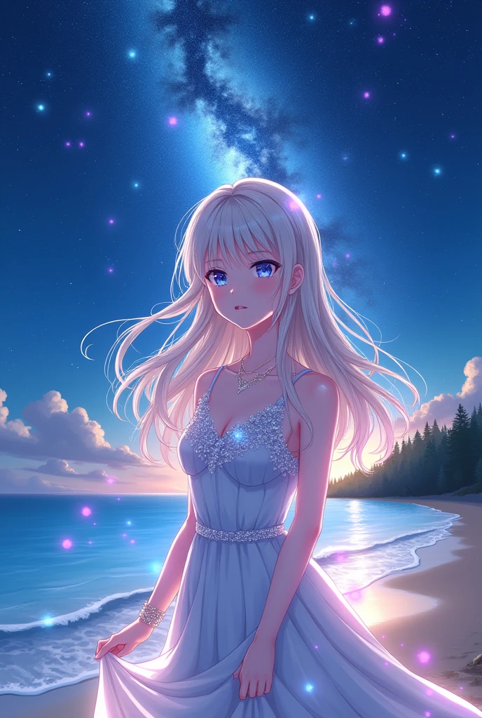 (masterpiece、Highest quality、8k、High resolution)、One female、(Beautiful Face、Beautiful Face)、Beautiful eyes、Beautiful lips、Beautiful nose、Silver blonde hair、(The best anime girl)、Sandy beach with a view of the forest、A bright night with stars visible、milky way、体whole bodyから神秘的な光の粒子、Colorful light particles、A mysterious light glowing around the head、jewelry、necklace、dress、(whole body)、Highly detailed anime art、A complete portrayal、