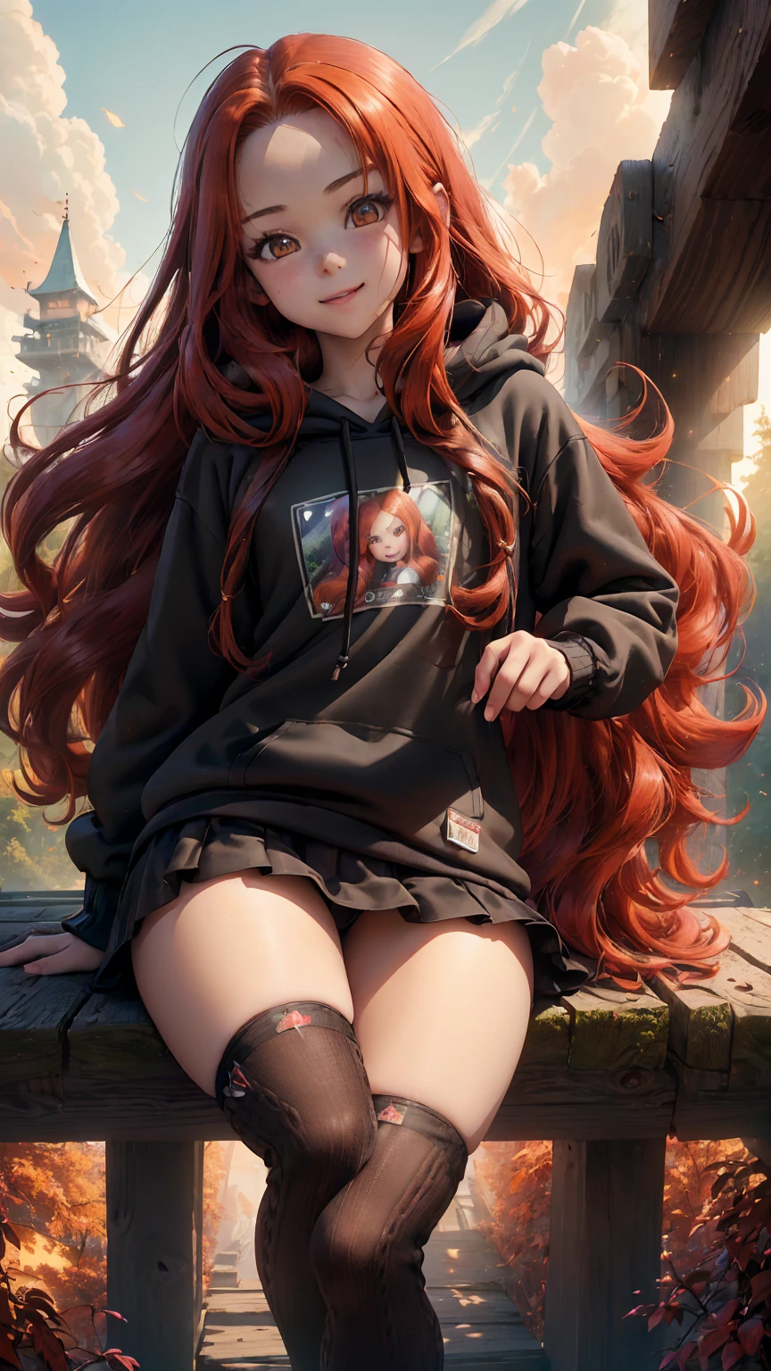 Young girl, (), (little body, small height), (petite girl: 1.35), (adorable face), (big forehead: 1.2), she has a long flowing hair, (red hair: 1.5), (long hair: 1.35), asian features, (brown eyes: 1.5), bright eyes, brown light eyes, (white skin: 1.35), beautiful detailed eyes, cute young girl, (flat chest: 1.35), (((wearing black skirt, a baggy black hoddie and Over-the-knee socks))), high quality clothes, high resolution, (detailed clothes), (loose hoddie: 1.35), (autumn forest, sunset, warm light background))), cute, daring girl, (detailed background), (full detailed 8k), (perfectly detailed face), (enhance anatomy), vfx, highres, sharp, focus, (photorealistic artwork: 1.35), (extremely detailed CG unity 8k wallpaper), (((vibrant colors, vibrant theme))), (dynamic pose: 1.5), cool vibes, fashion girl, happy, flirting expression, coquette, (playful attitude), smiling, happy, adorable small girl, joyful girl