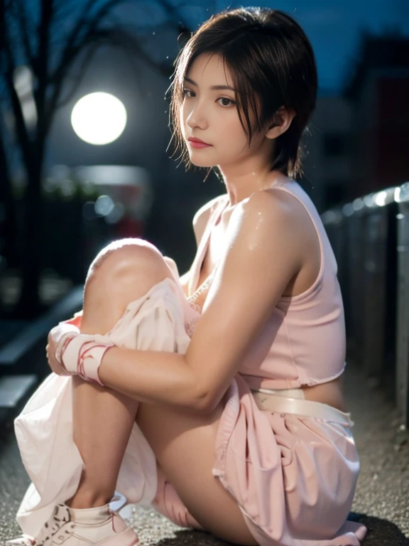 20 year old Japanese beauty,One woman、Muscular body like a bodybuilder、Emphasize the breasts、Slit eyes、Full body image up to the tip of the foot,Bust is very very large、Full moon night in the background、High quality photos、Clear, crisp images of the lower body、Masterpiece 8k、Eyes closed and mouth open、have a laser gun、From the front, from the side, from the back, etc.々from what camera angle to shoot、Pink Ranger from Sentai、Highly lustrous satin outfit、Full-body clothing、 is dripping